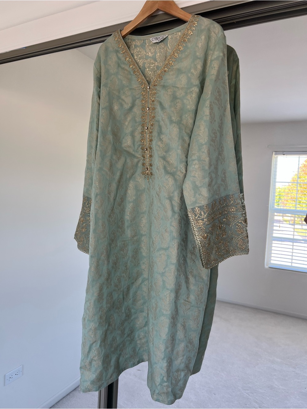 Elegant Mint Green Embroidered Kurta Dress by Chinyere